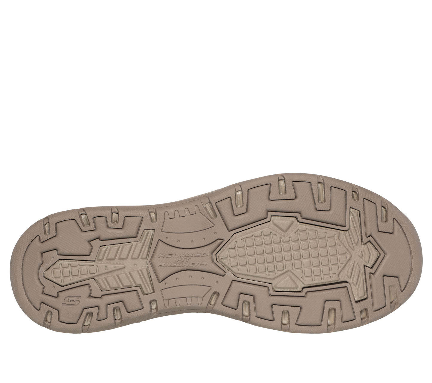 A shoe sole with a complex tread pattern, including geometric shapes and textured surfaces.