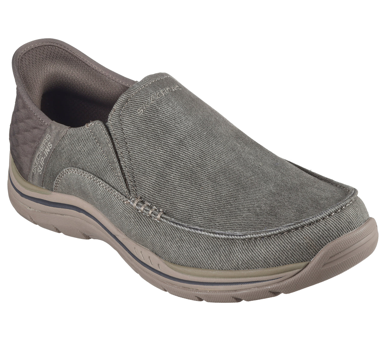 Khaki slip-on loafer with a light brown rubber sole.