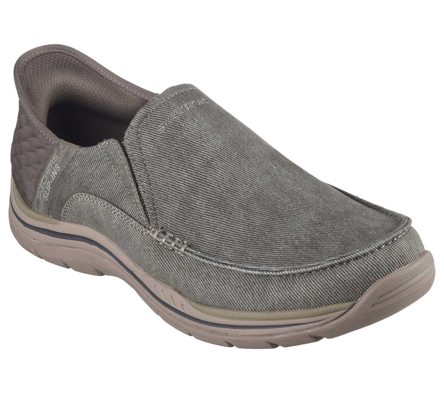 Khaki slip-on loafer with a light brown rubber sole.