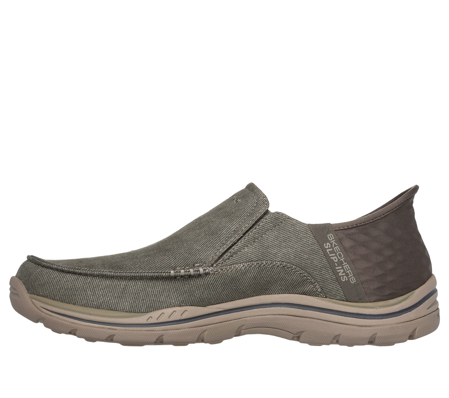 Olive green slip-on shoe with brown soles and textured brown heel cup, text reads "SKECHERS SLIP-INS".