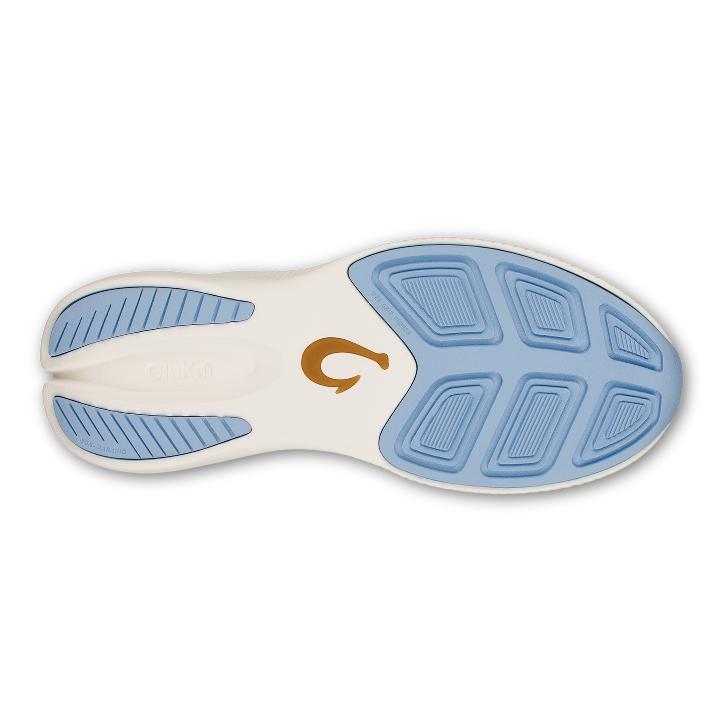 A shoe outsole featuring a white base with light blue rubber pods in the forefoot and heel, and a prominent gold hook-shaped logo in the arch area.