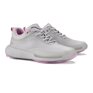 A pair of light gray athletic sneakers with a pink lining and a translucent pink outsole, featuring a textured mesh upper and laces.
