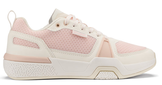 Low top tennis shoe in pink and beige with off-white laces, off-white rubber sole with intricate pattern.