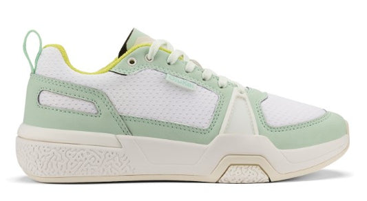 Low-rise sneaker featuring a white breathable upper, light green trim, white midsole, and light green laces.