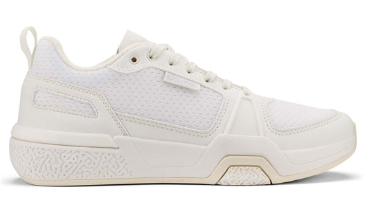 Side view of an all-white sneaker with a mesh upper, lace-up closure, chunky sole, and a pull tab at the heel.