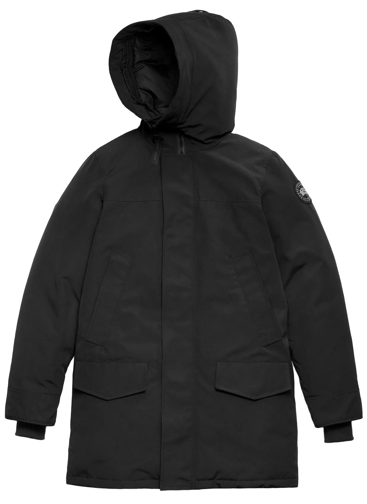A black, mid-length hooded parka with a full-zip front, a button-snap placket, two large front flap pockets, and ribbed cuffs.