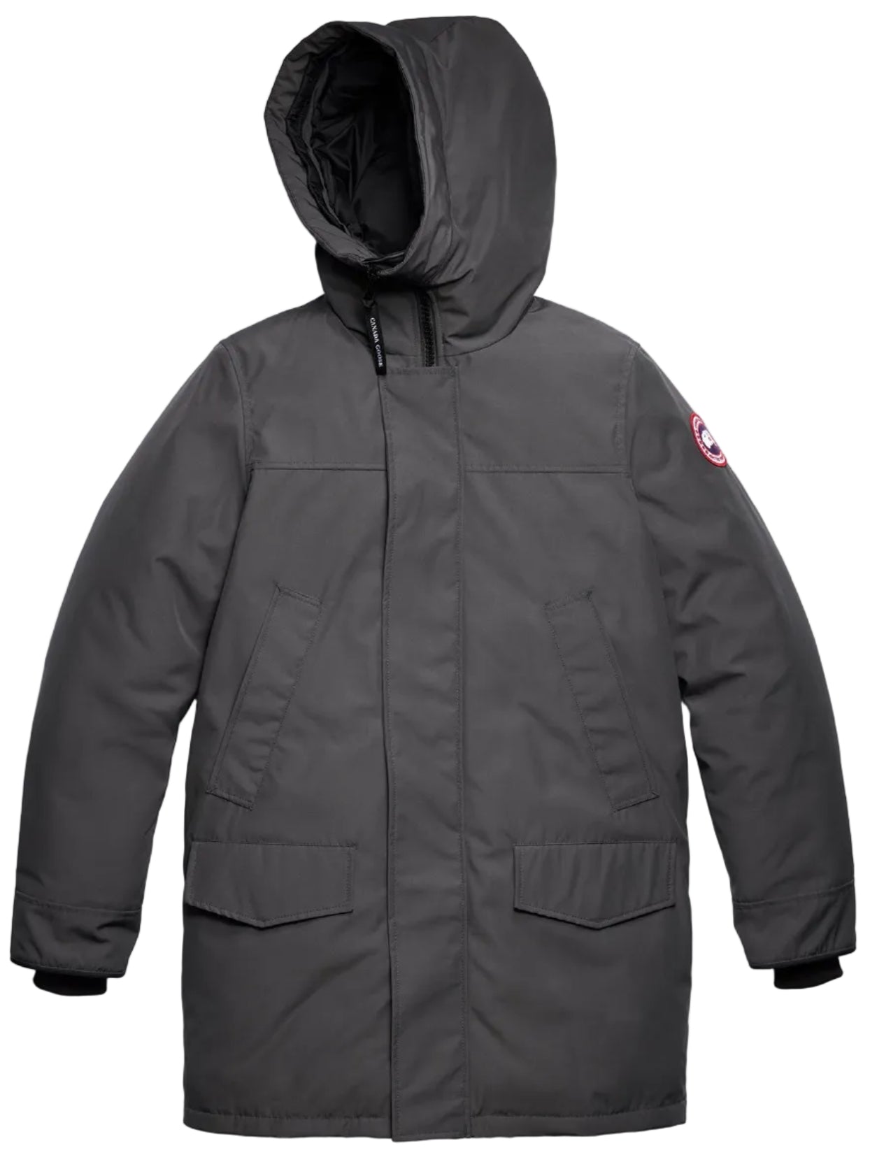 A charcoal grey parka jacket with a large hood, two flap pockets at the waist, ribbed cuffs, and a circular emblem patch on the left upper sleeve.
