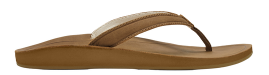 A light brown flip-flop with a dark brown toe strap.