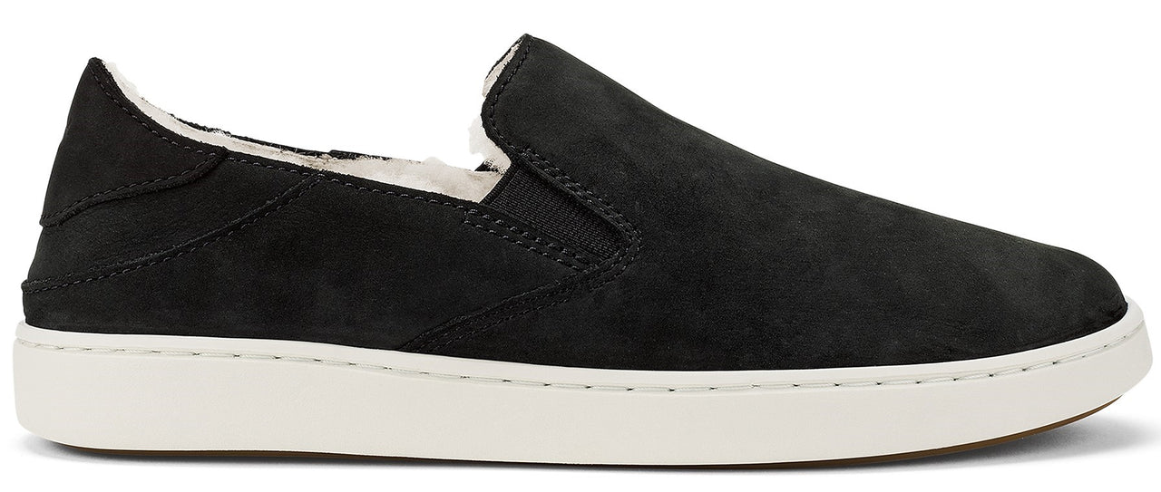Black slip-on shoe with a white sole and white fuzzy lining.