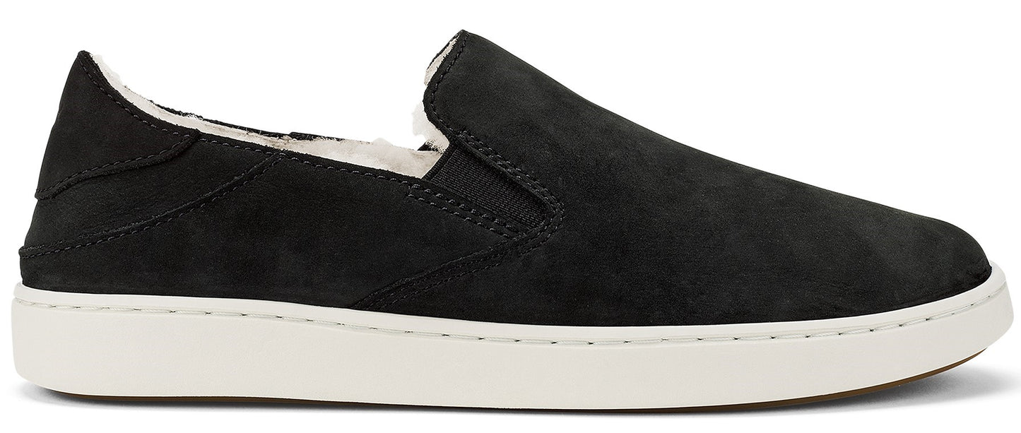 Black slip-on shoe with a white sole and white fuzzy lining.