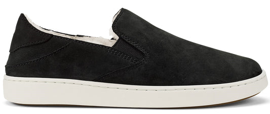 Black slip-on shoe with a white sole and white fuzzy lining.