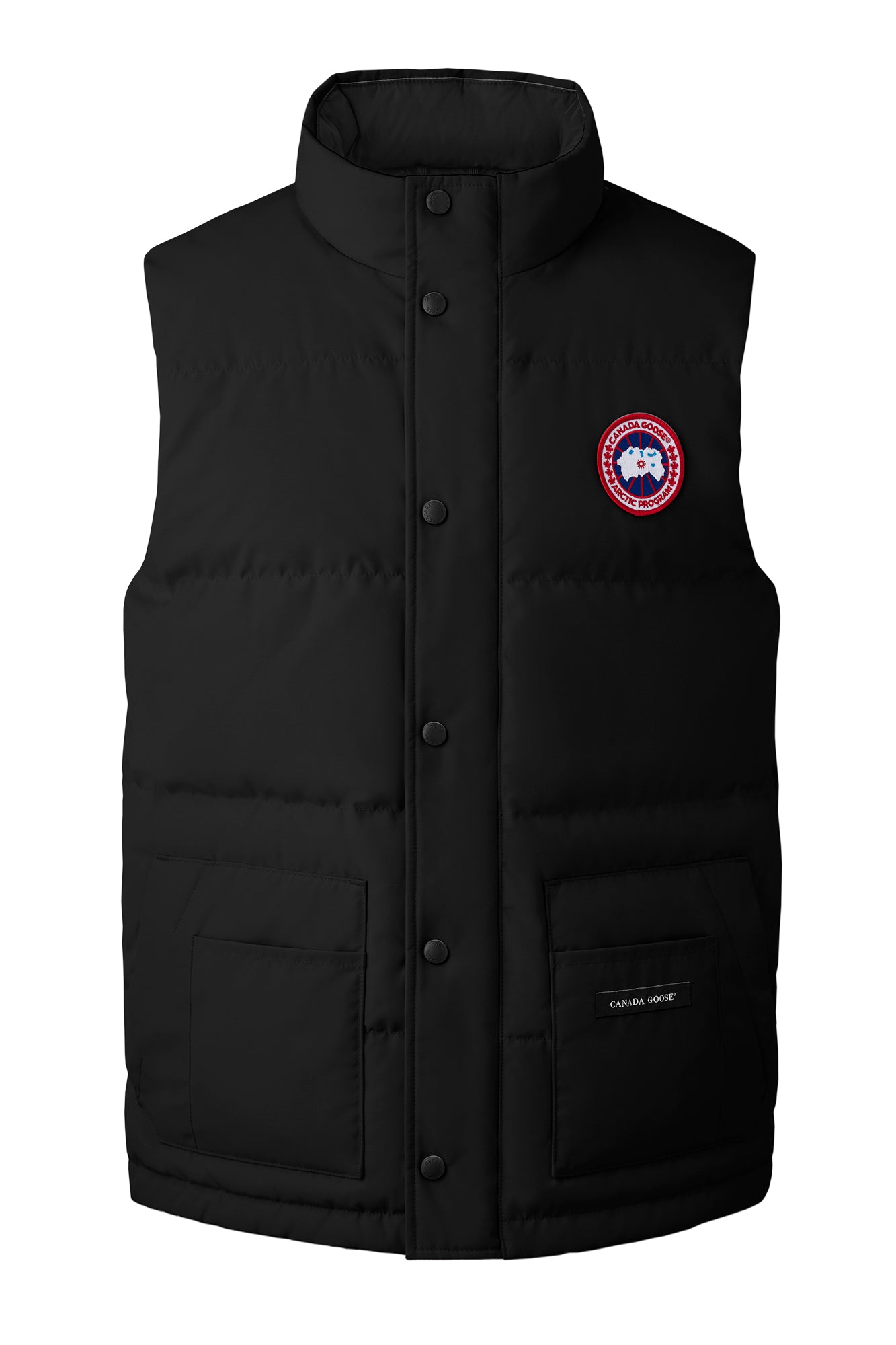 Black sleeveless down puffer jacket with a round logo patch on the upper right chest and two square pockets on the bottom.