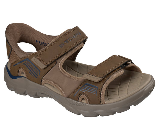 Khaki sport sandal with adjustable velcro straps and a ridged sole.