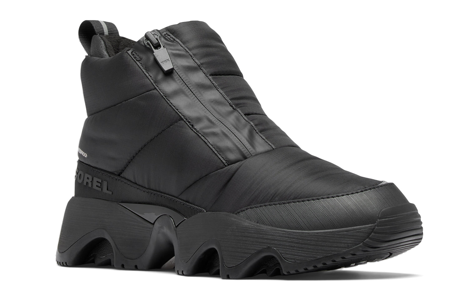 Black puffy insulated ankle boot with a zippered front.