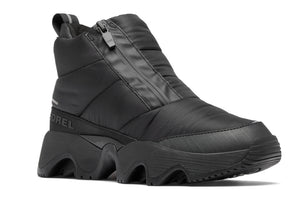Black puffy insulated ankle boot with a zippered front.
