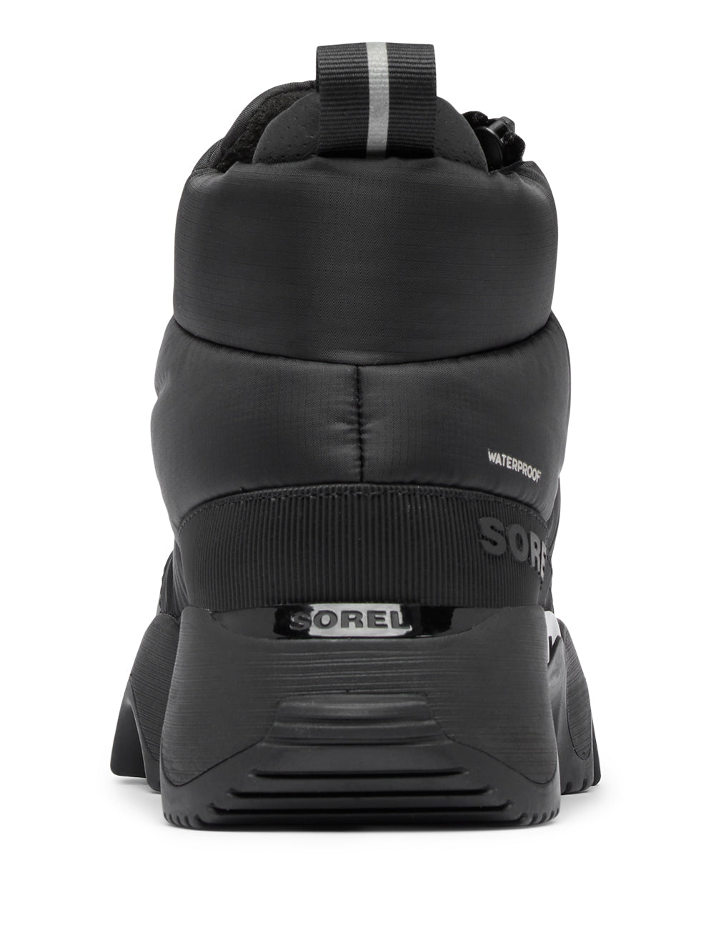 Black puffer bootie showing a heel view, with ribbed heel and waterproof sign.