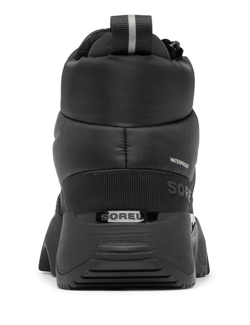 Black puffer bootie showing a heel view, with ribbed heel and waterproof sign.