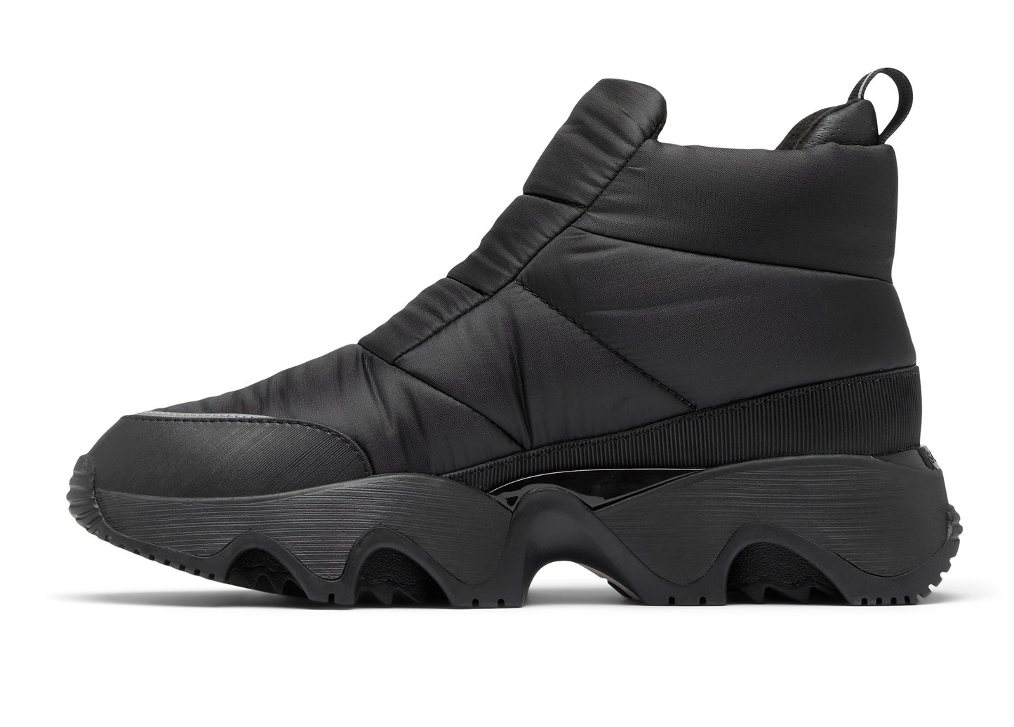 Black puffy high-top sneaker with chunky sole.