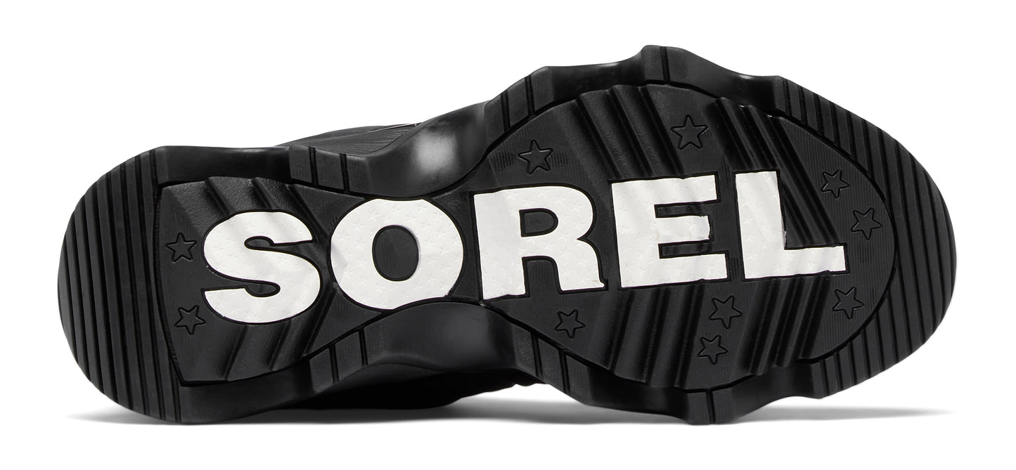 A black shoe sole with the word "SOREL" written in white.