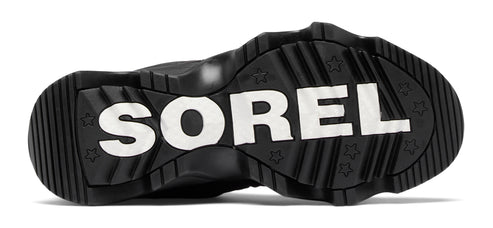 A black shoe sole with the word "SOREL" written in white.