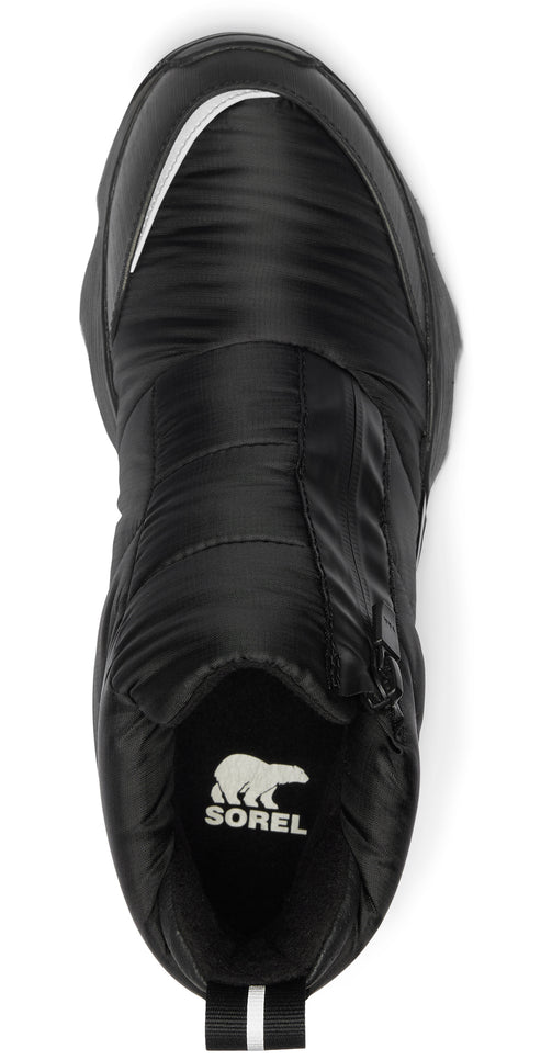 Black quilted slipper with a visible zipper, a white stripe, and a polar bear logo inside.