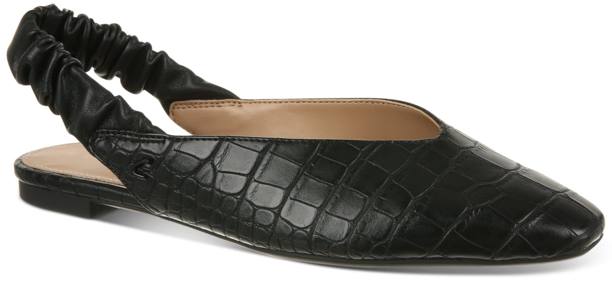 A black, low-heel slingback shoe with an alligator skin texture.