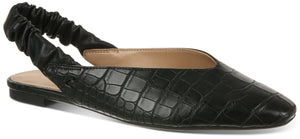 A black, low-heel slingback shoe with an alligator skin texture.