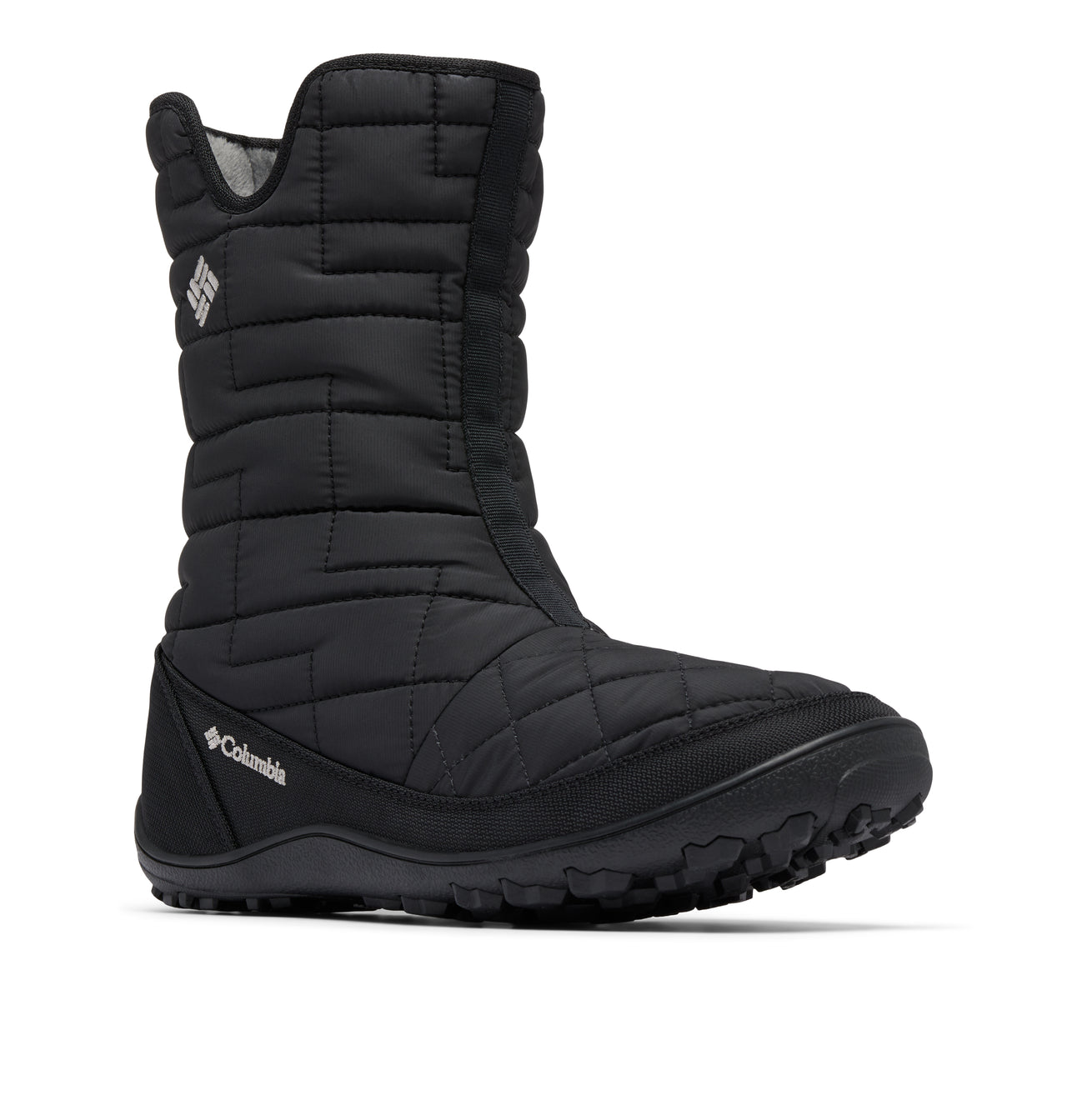 Black, quilted winter boot with a rounded toe and black sole.