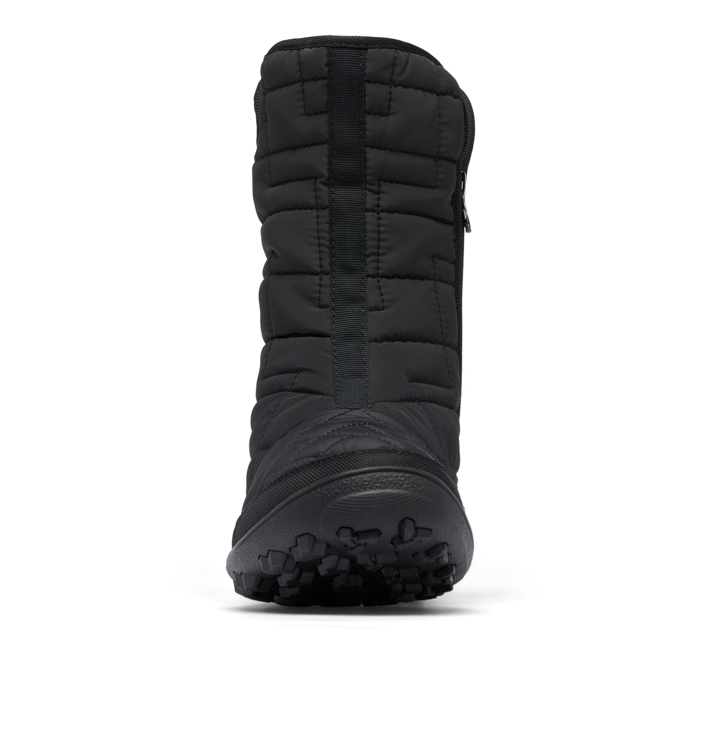 Front view of a black puffy boot.
