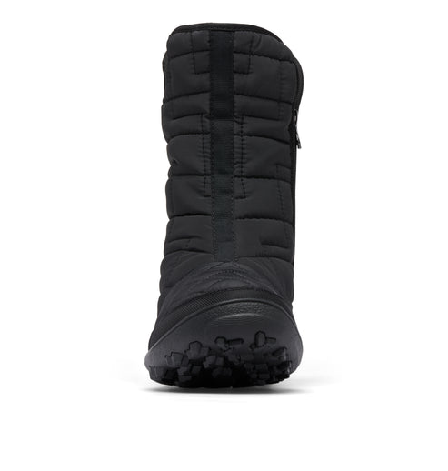 Front view of a black puffy boot.