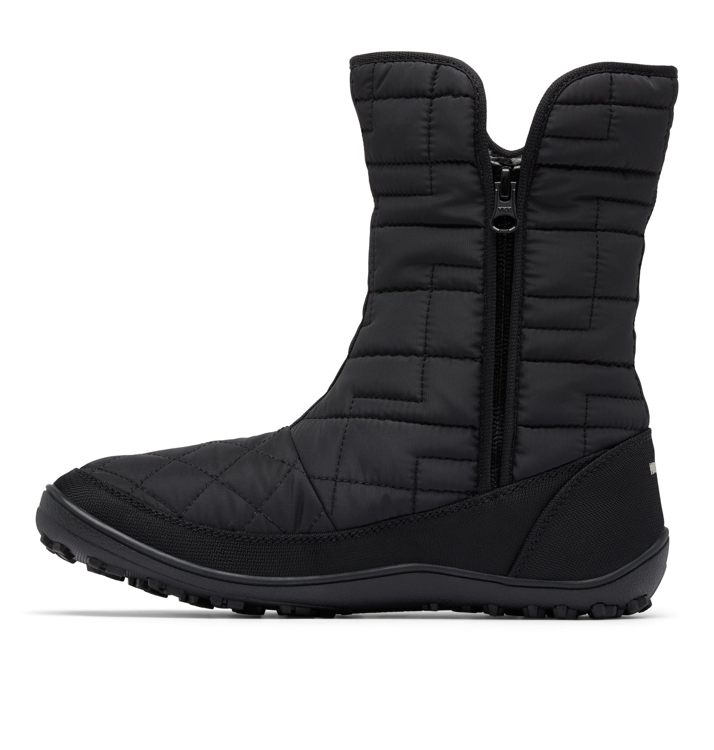A black quilted snow boot with a side zipper.