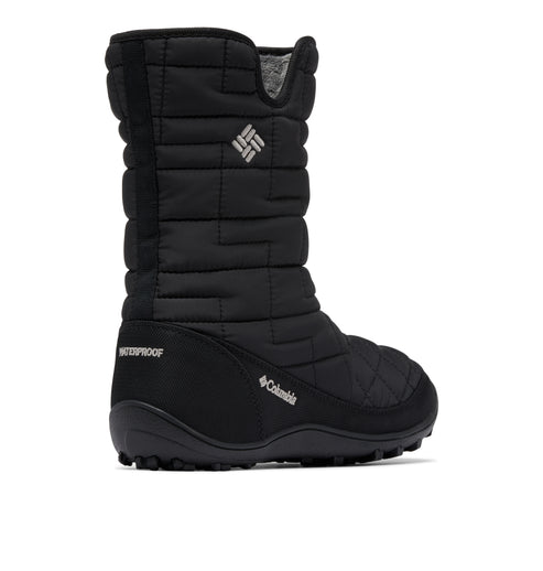 Black, insulated, waterproof boot with a quilted design and visible logo.