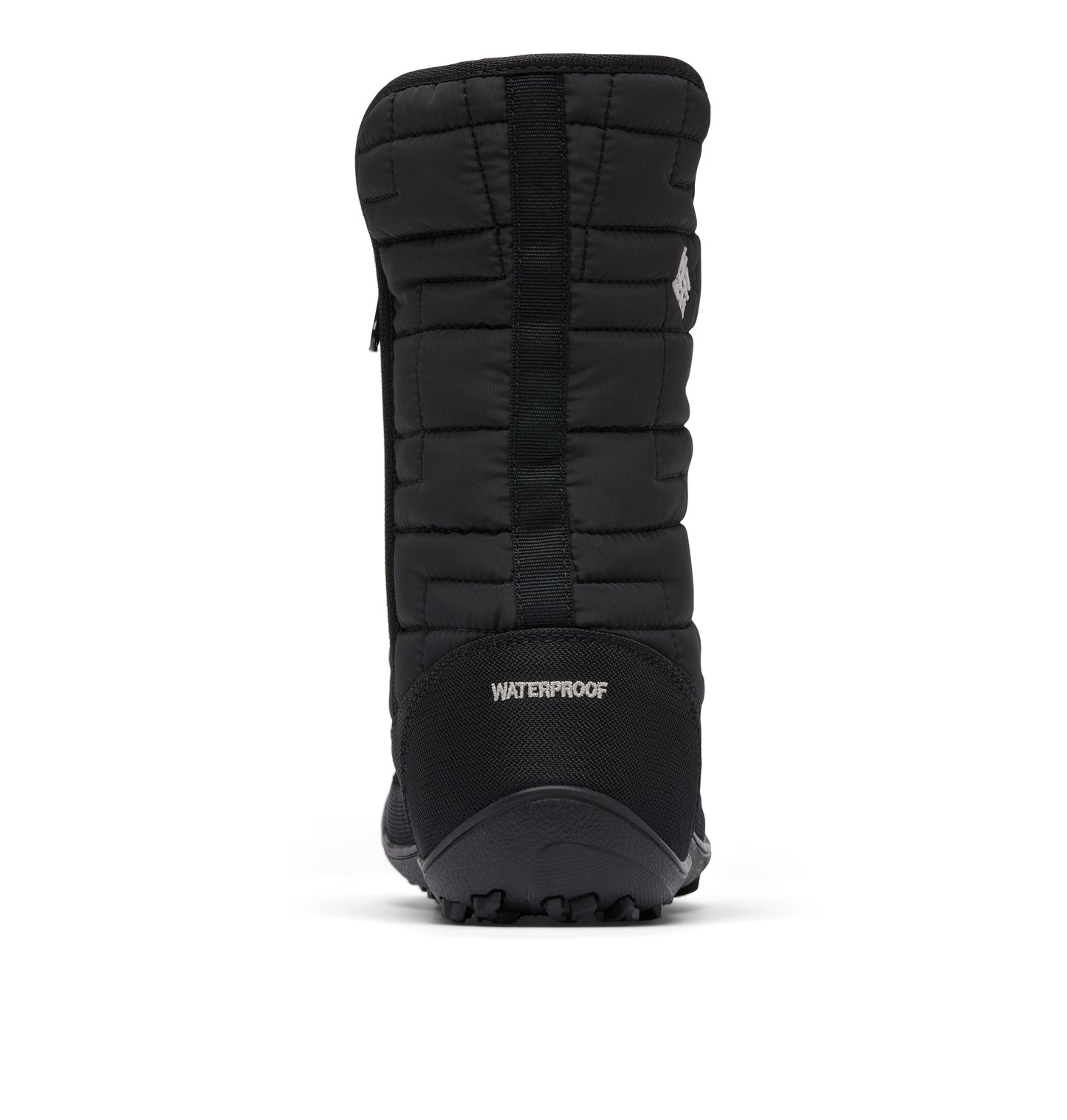 Rear view of black waterproof tall snow boot with quilted design.