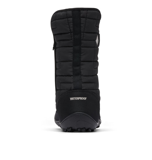 Rear view of black waterproof tall snow boot with quilted design.