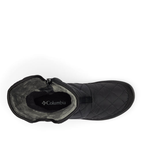 Top-down view of a black quilted boot with a zipper and the word Columbia visible inside.