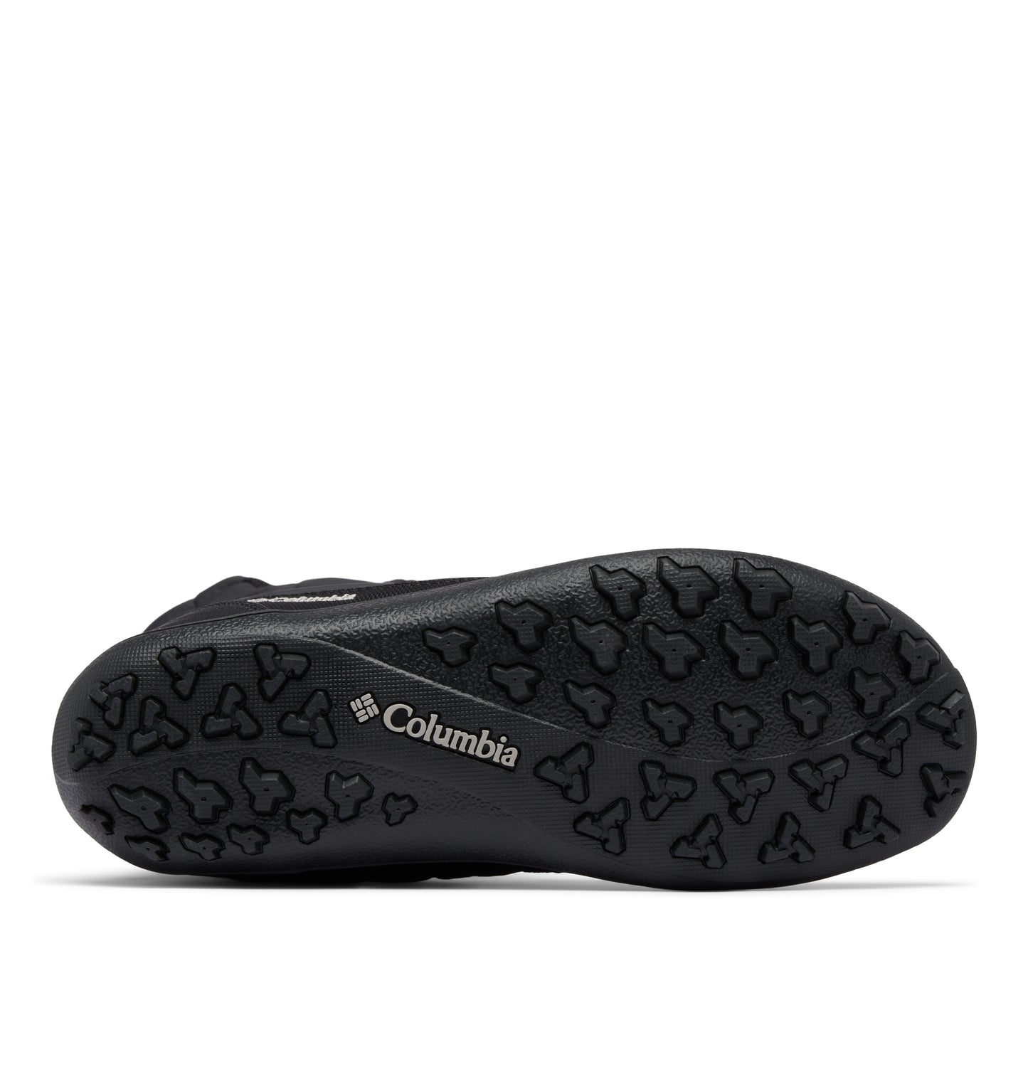 Black shoe sole featuring the text "Columbia" and a tread pattern resembling small leaves.