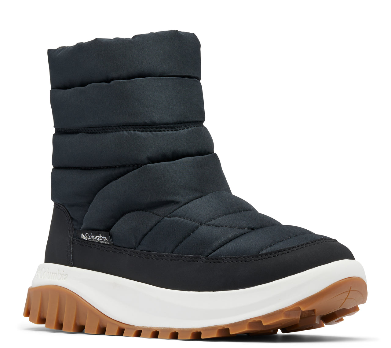 Black quilted snow boot with a white midsole and lug sole.