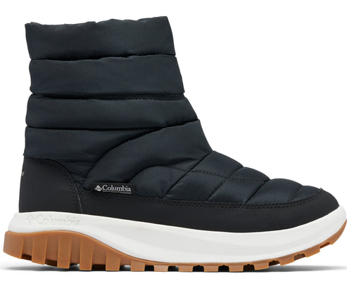 Black quilted snow boot with white sole and brown treads. A small Columbia logo is visible.