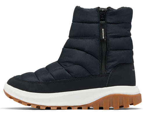 Black puffy winter ankle boot with a white midsole and lug sole, featuring a side zip closure.