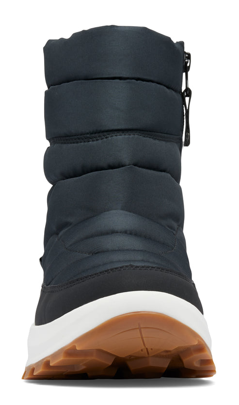 Black puffer boot with side zipper and white and brown sole.
