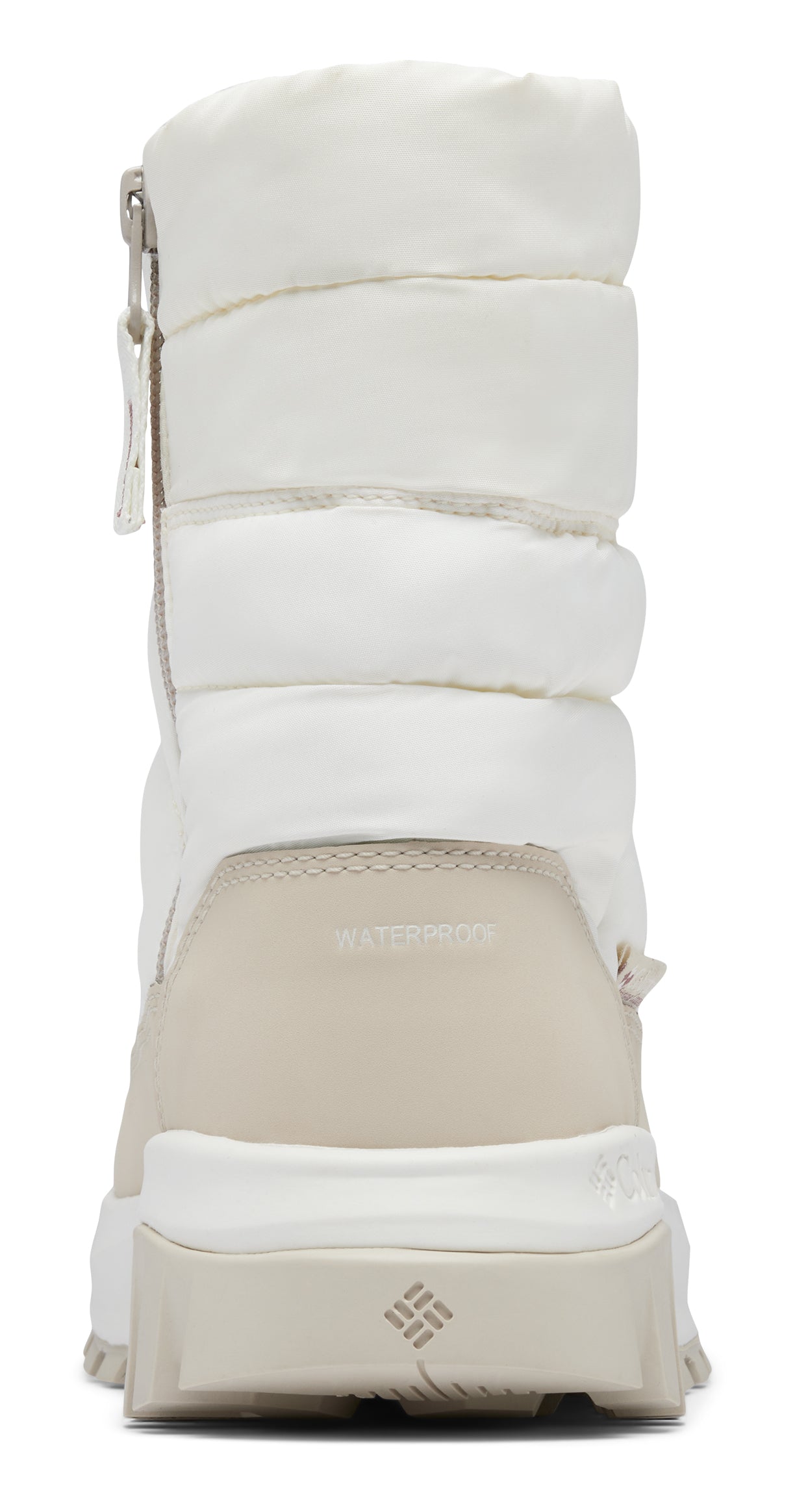 Back view of a white, puffy, waterproof boot with a zipper.