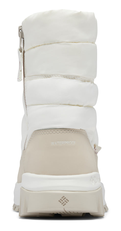 Back view of a white, puffy, waterproof boot with a zipper.