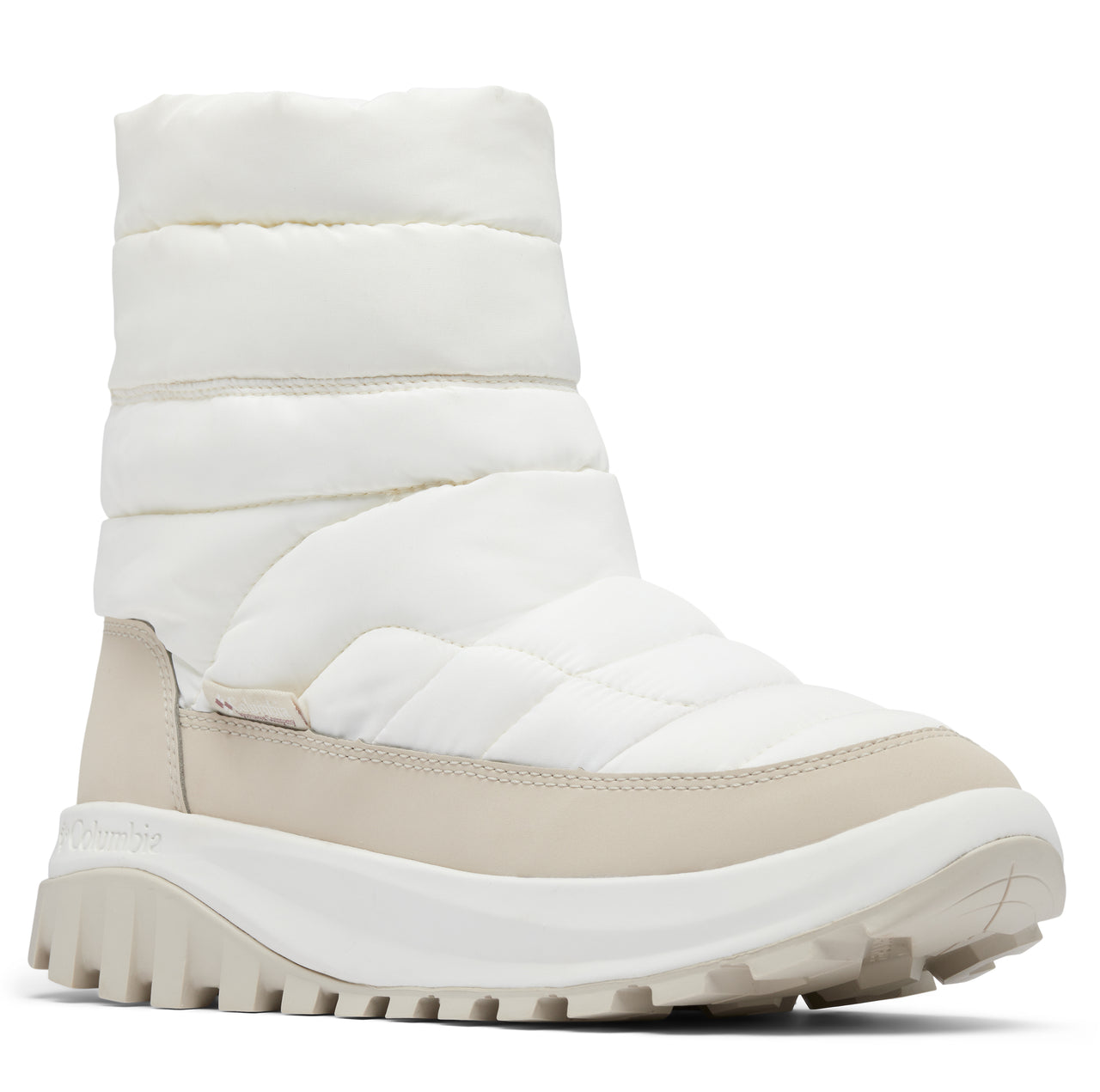 A white quilted puffer boot with a beige sole.