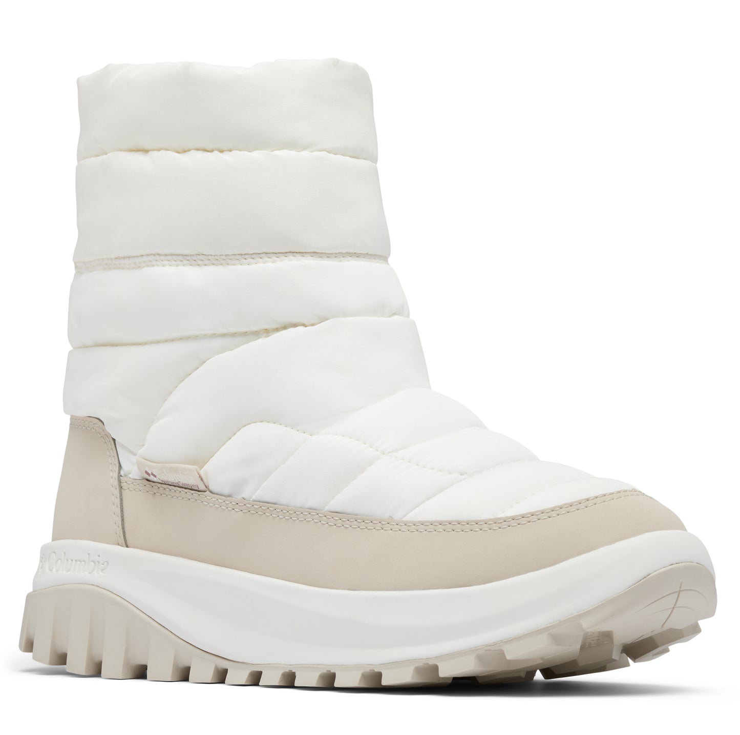 A white quilted puffer boot with a beige sole.
