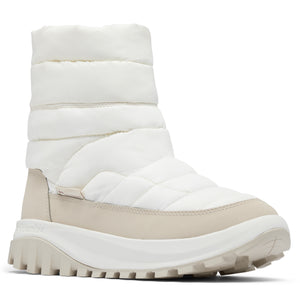 A white quilted puffer boot with a beige sole.