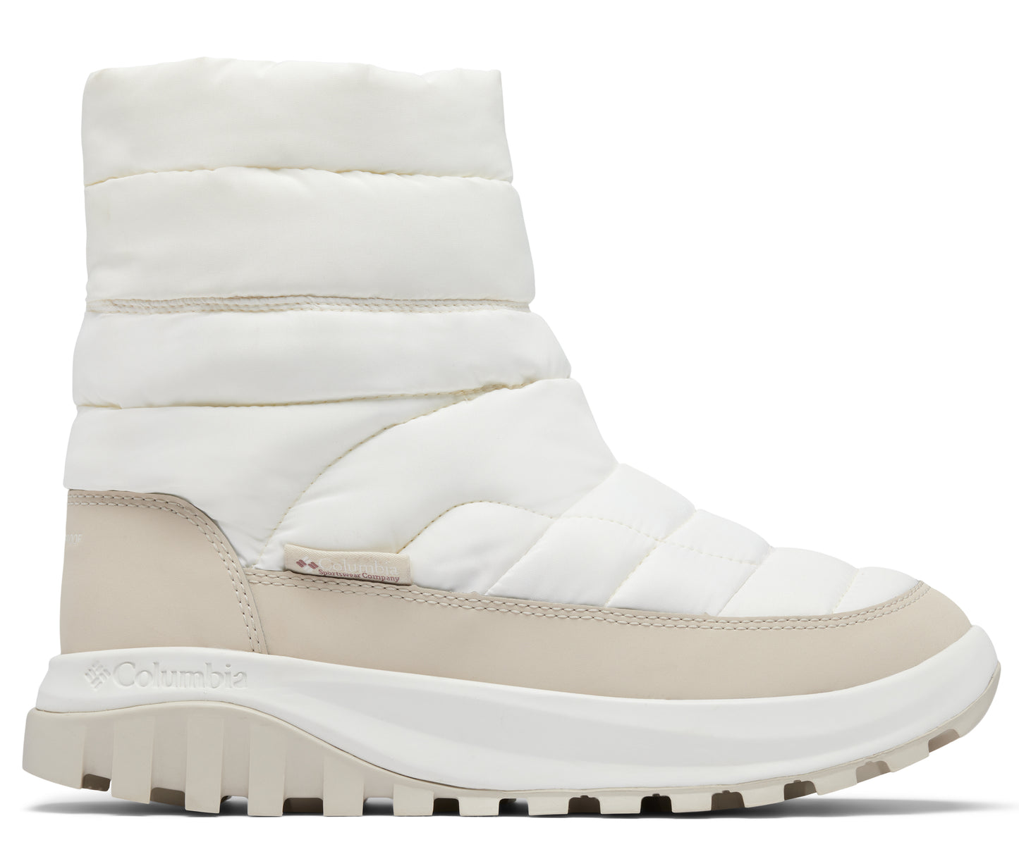 White winter puffer boot with beige base and ridged sole.