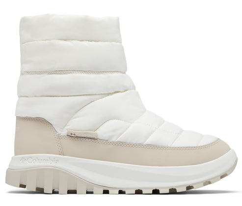 White winter puffer boot with beige base and ridged sole.