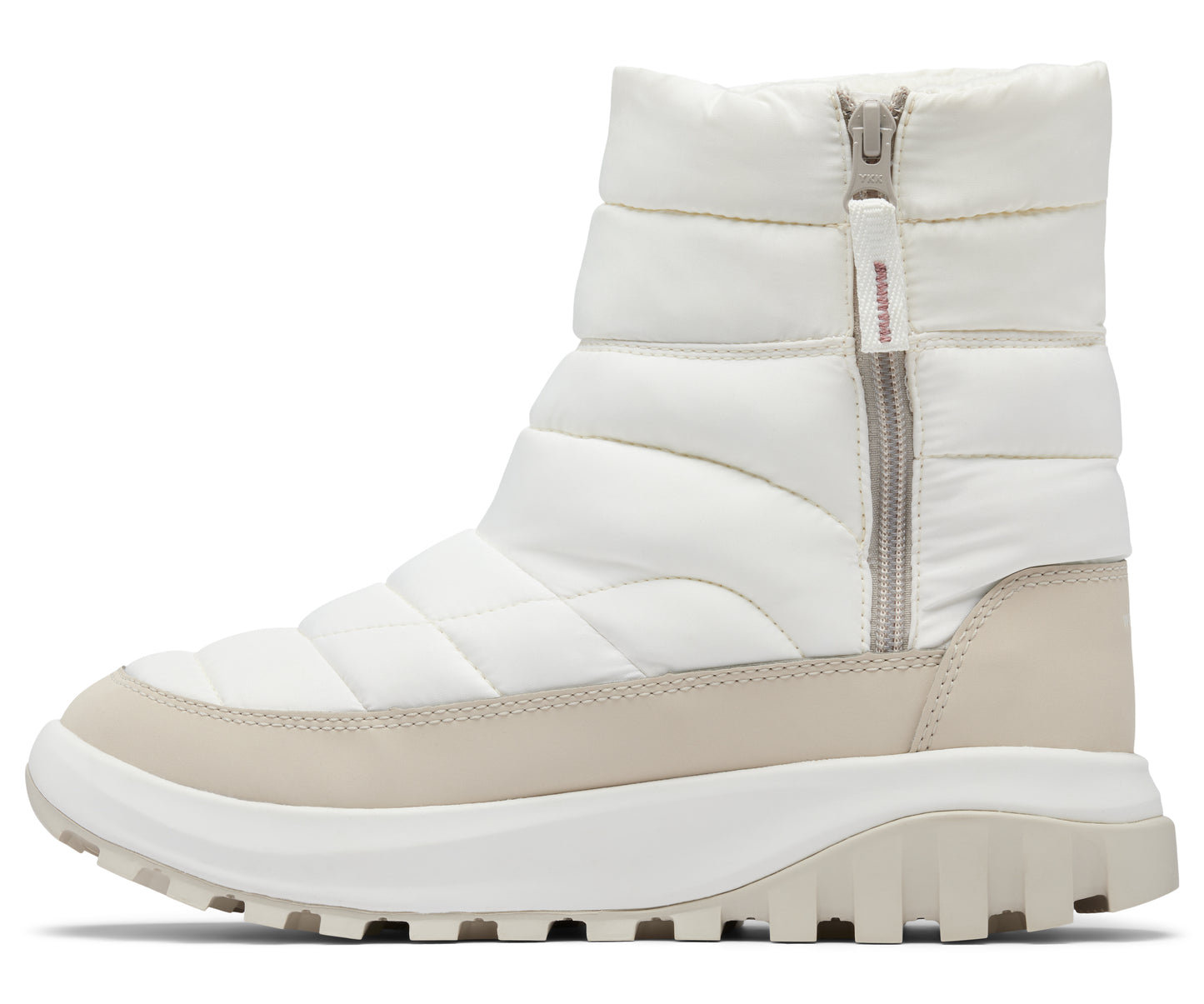 White quilted ankle boot with a side zipper and a thick platform sole.