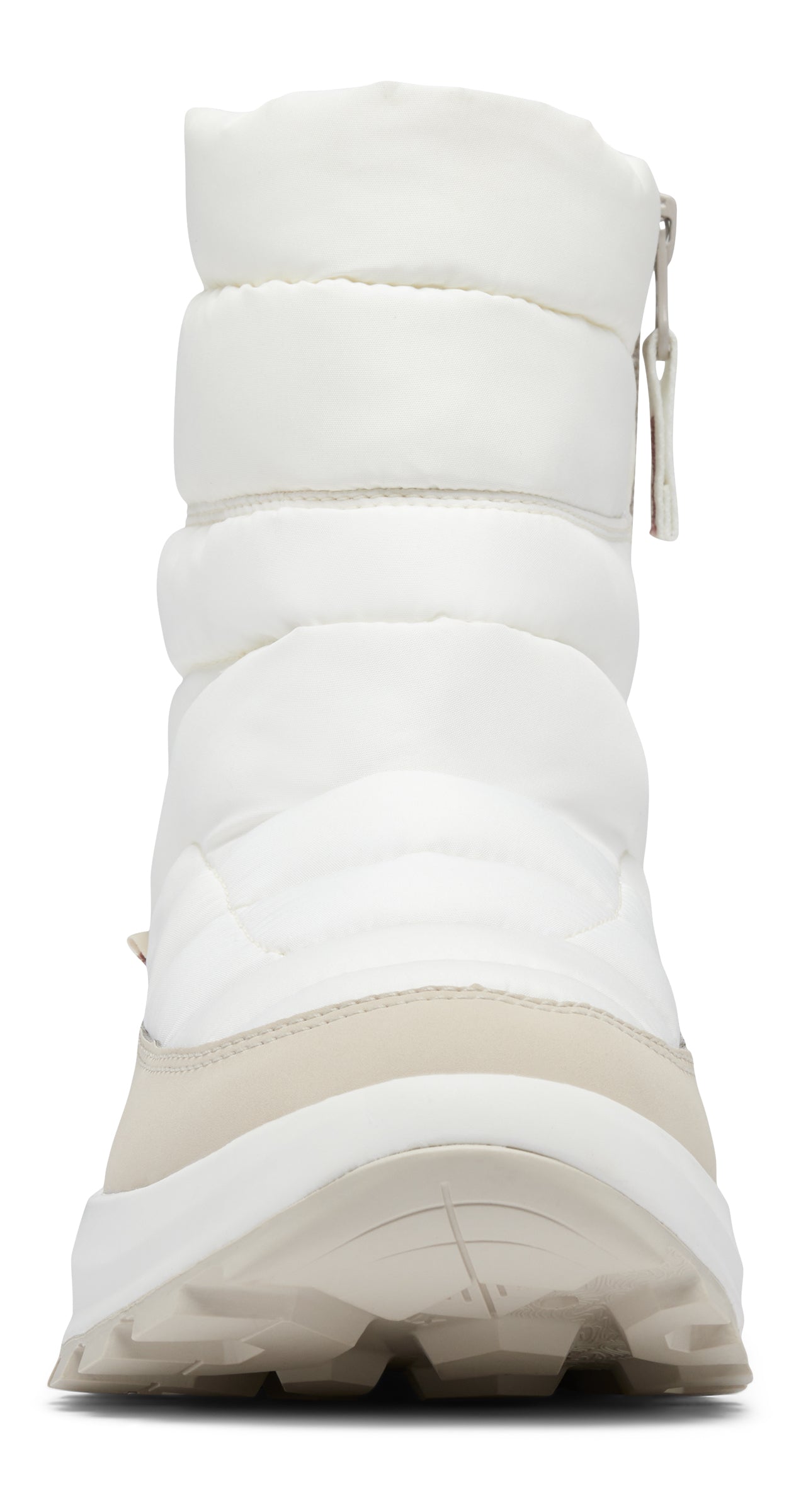 White snow boot with a quilted nylon shaft and zipper closure.