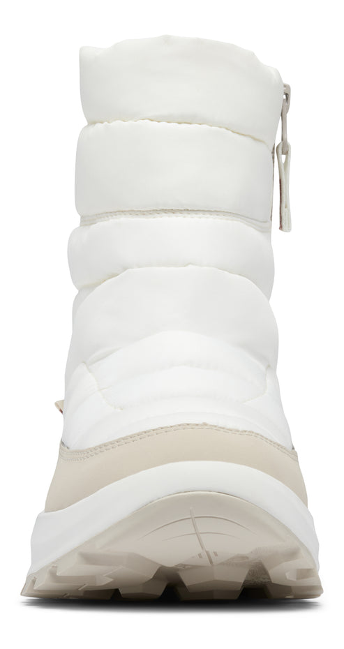 White snow boot with a quilted nylon shaft and zipper closure.